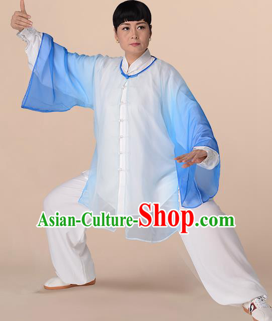 Traditional Chinese Kung Fu Costume Gradient Blue Chiffon Cloak, China Martial Arts Tai Ji Mantillas Clothing for Women