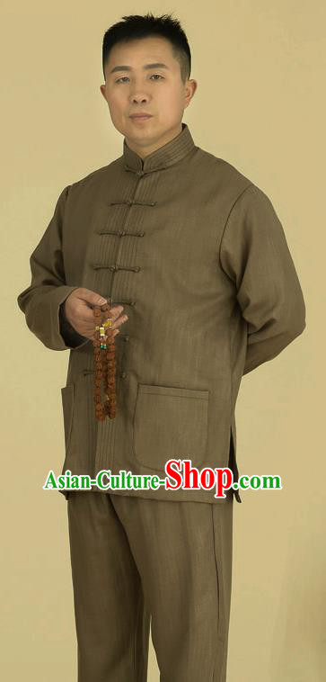 Traditional Chinese Kung Fu Brown Linen Costume, China Martial Arts Uniform Tai Ji Tang Suit Clothing for Men