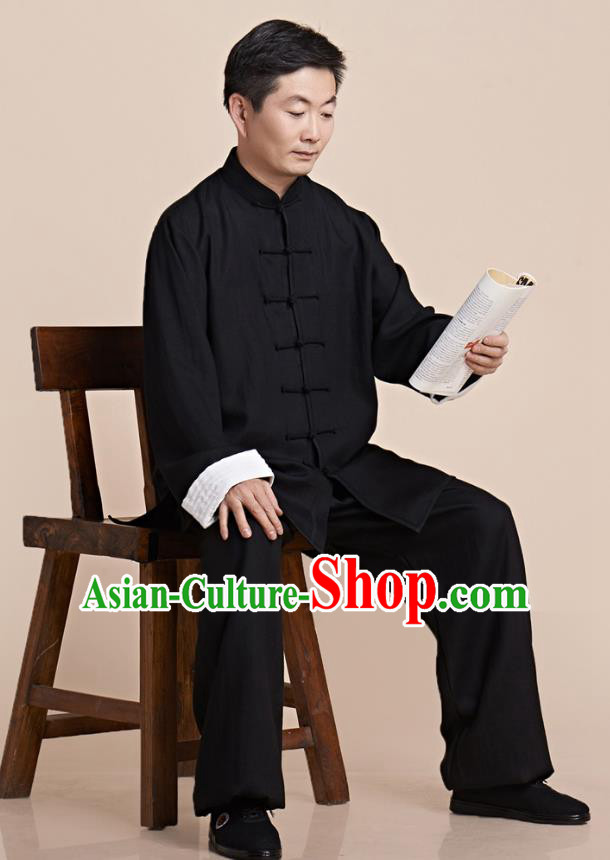 Traditional Chinese Kung Fu Black Linen Costume, China Martial Arts Uniform Tai Ji Tang Suit Clothing for Men