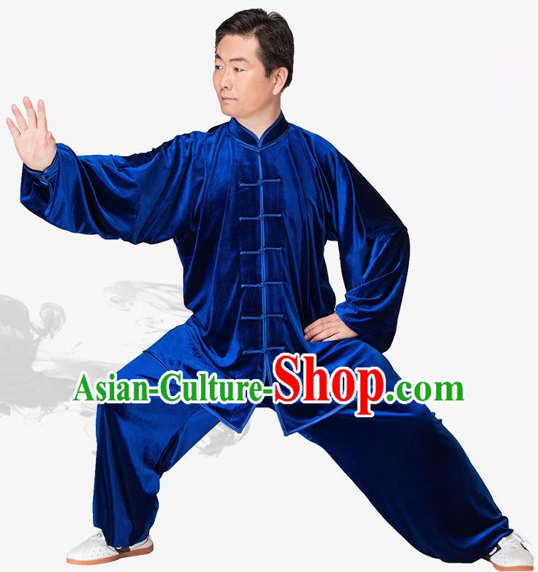 Chinese Kung Fu Royalblue Velvet Costume, China Traditional Martial Arts Kung Fu Tai Ji Uniform for Women for Men