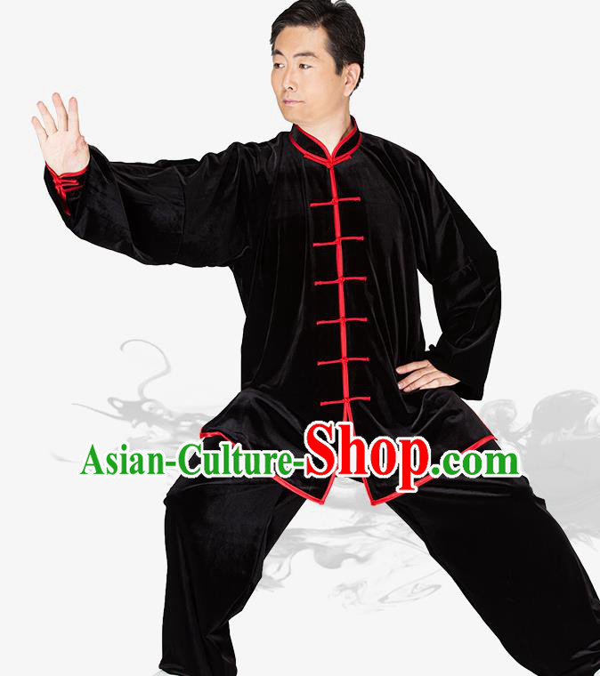 Chinese Kung Fu Black Velvet Red Buttons Costume Traditional Martial Arts Kung Fu Tai Ji Uniform for Women for Men