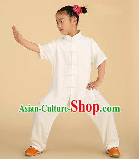 Chinese Kung Fu Linen Plated Buttons Costume, Traditional Martial Arts Tai Ji White Uniform for Kids