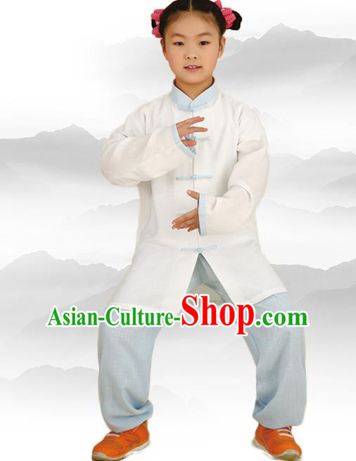 Chinese Kung Fu Linen Long Sleeve Costume, Traditional Martial Arts Tai Ji White Uniform for Kids