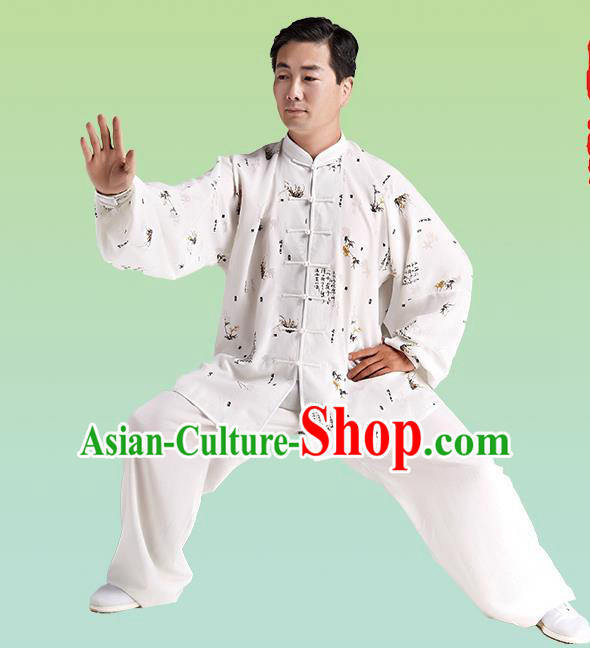 Top Grade Chinese Linen Kung Fu Costume, China Traditional Martial Arts Kung Fu Taiji Training Printing Uniform for Adult