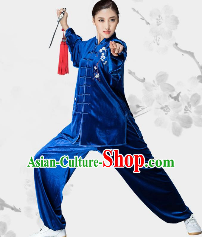 Traditional Chinese Kung Fu Royalblue Velvet Embroidered Costume, China Martial Arts Tai Ji Uniform Clothing for Women
