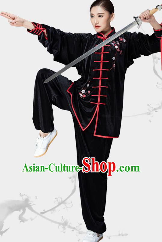 Traditional Chinese Kung Fu Black Velvet Embroidered Costume, China Martial Arts Tai Ji Uniform Clothing for Women