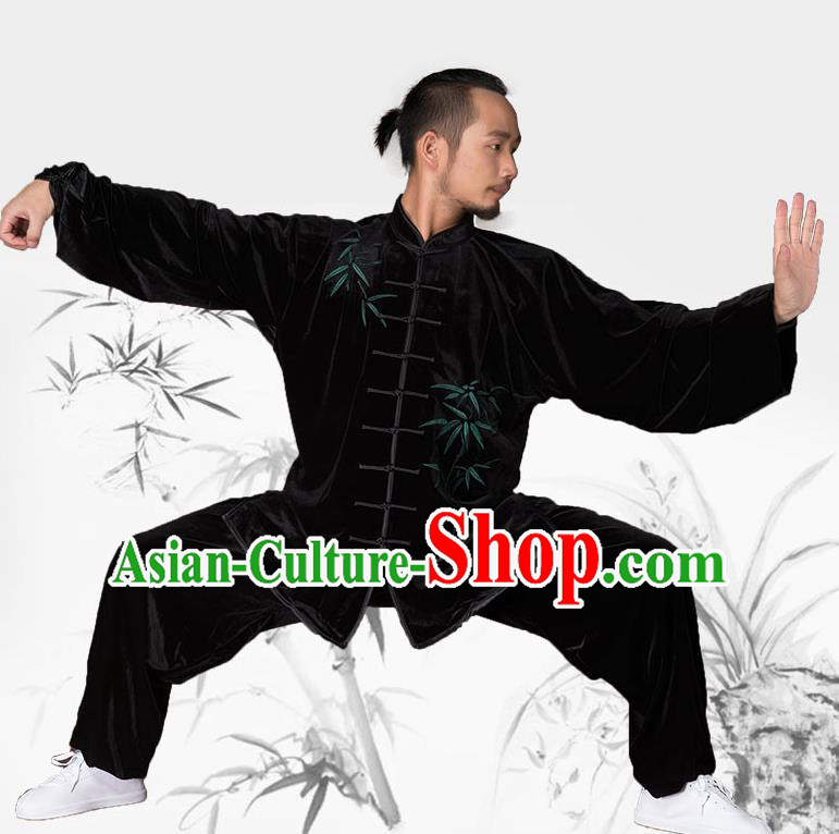 Traditional Chinese Kung Fu Embroidered Bamboo Velvet Costume, China Martial Arts Tai Ji Clothing for Men