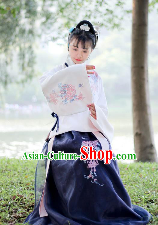 Traditional Chinese Ancient Ming Dynasty Young Lady Hanfu Costume Embroidered Blouse and Skirt for Women