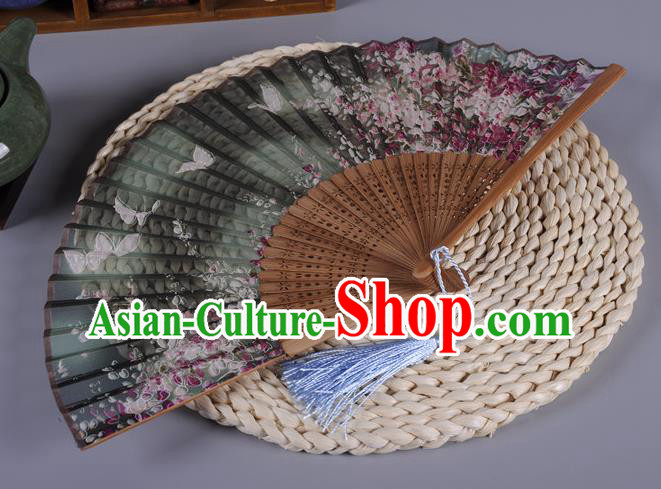 Traditional Chinese Crafts Printing Butterfly Atrovirens Silk Folding Fan China Oriental Fans for Women