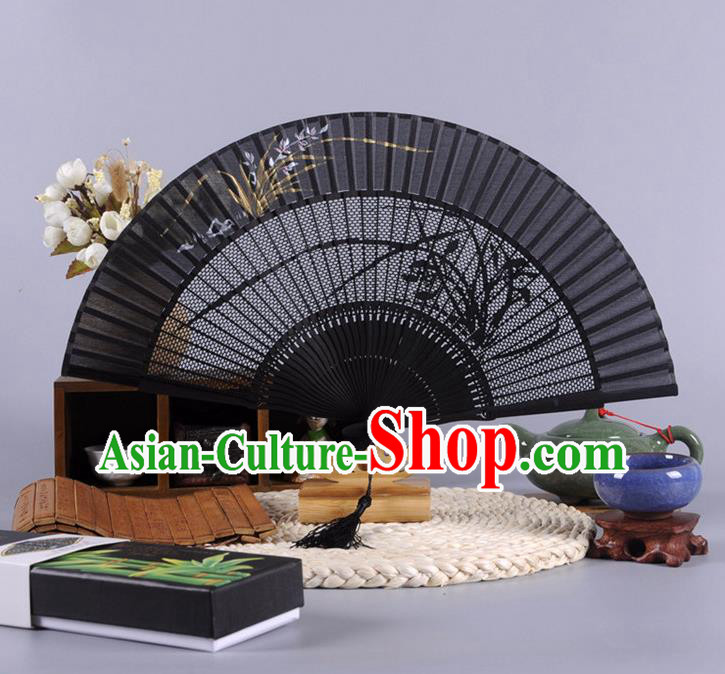 Traditional Chinese Crafts Hollow Out Orchid Folding Fan China Oriental Black Bamboo Fans for Women