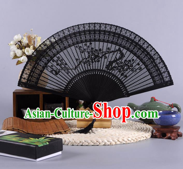 Traditional Chinese Crafts Hollow Out Wintersweet Folding Fan China Oriental Black Bamboo Fans for Women