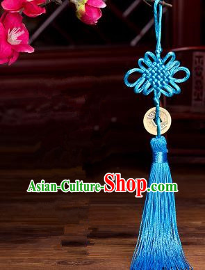 Traditional Chinese Fans Accessories Pendant Blue Tassel Chinese Knots Fans Pendant