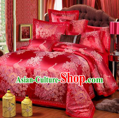Traditional Chinese Wedding Red Satin Qulit Cover Printing Peacock Bedding Sheet Four-piece Duvet Cover Textile Complete Set
