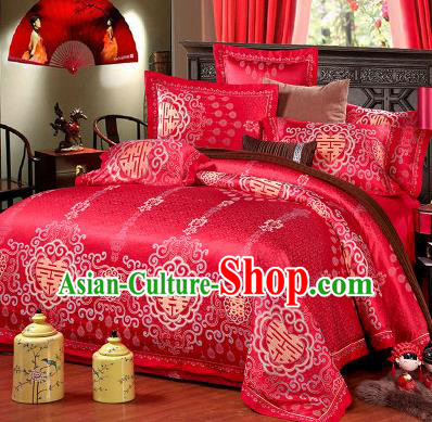 Traditional Chinese Wedding Red Satin Qulit Cover Printing Bedding Sheet Four-piece Duvet Cover Textile Complete Set