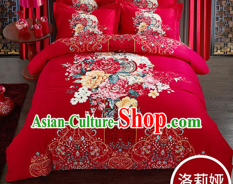 Traditional Chinese Wedding Red Qulit Cover Printing Peony Bedding Sheet Four-piece Duvet Cover Textile Complete Set