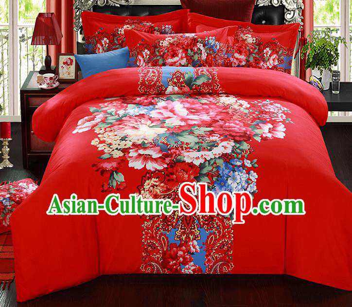 Traditional Chinese Wedding Red Printing Flowers Qulit Cover Bedding Sheet Four-piece Duvet Cover Textile Complete Set