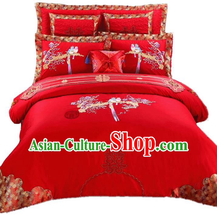 Traditional Chinese Wedding Red Qulit Cover Bedding Sheet Embroidered Magpie Ten-piece Duvet Cover Textile Complete Set