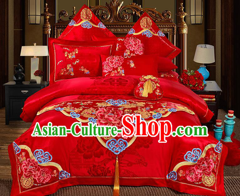 Traditional Asian Chinese Wedding Palace Qulit Cover Bedding Sheet Embroidered Peony Eleven-piece Duvet Cover Textile Complete Set