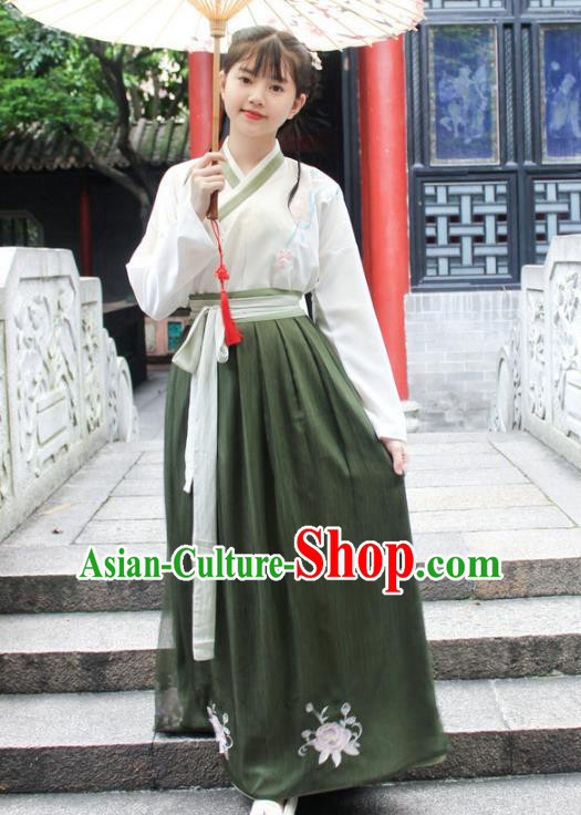 Traditional Chinese Ancient Ming Dynasty Young Lady Hanfu Costume Embroidered White Blouse and Green Skirt for Women