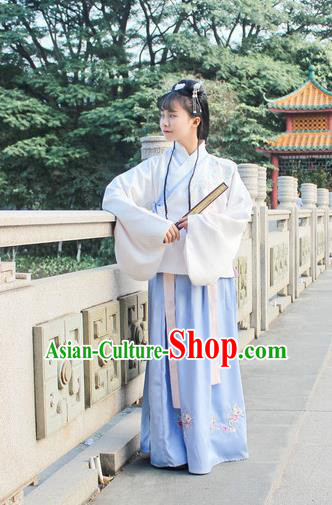 Traditional Chinese Ancient Ming Dynasty Young Lady Hanfu Costume Embroidered White Blouse and Blue Skirt for Women