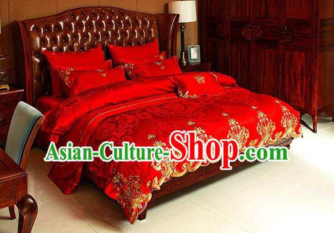 Traditional Asian Chinese Wedding Red Satin Palace Qulit Cover Bedding Sheet Embroidered Ten-piece Duvet Cover Textile Complete Set