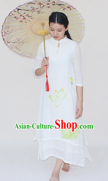 Traditional Chinese National Dress Costume Printing Lotus Qipao Stand Collar Cheongsam for Women