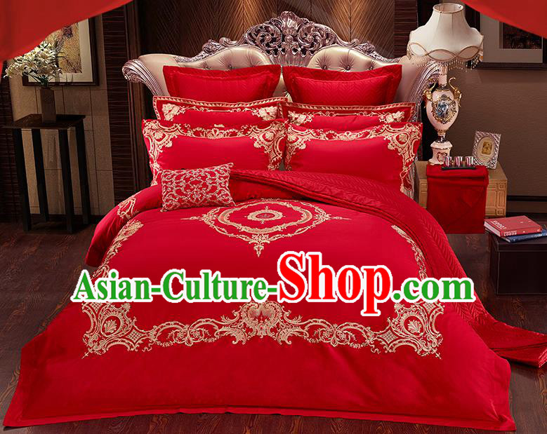 Traditional Asian Chinese Wedding Red Palace Qulit Cover Embroidered Bedding Sheet Ten-piece Duvet Cover Textile Complete Set
