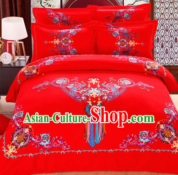Traditional Chinese Wedding Red Printing Four-piece Bedclothes Duvet Cover Textile Qulit Cover Bedding Sheet Complete Set