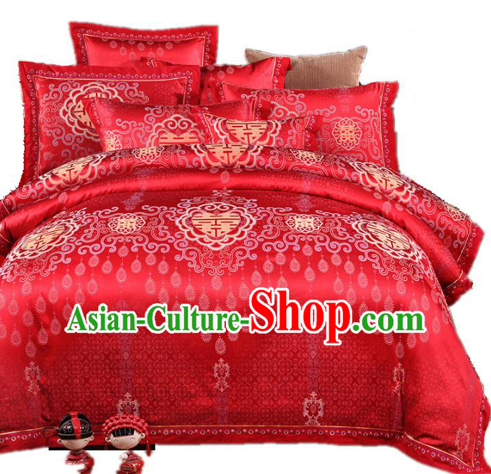 Traditional Chinese Wedding Red Satin Embroidered Six-piece Bedclothes Duvet Cover Textile Qulit Cover Bedding Sheet Complete Set