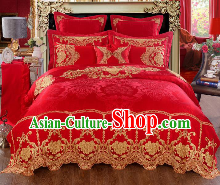 Traditional Chinese Wedding Red Satin Embroidered Ten-piece Bedclothes Duvet Cover Textile Qulit Cover Bedding Sheet Complete Set