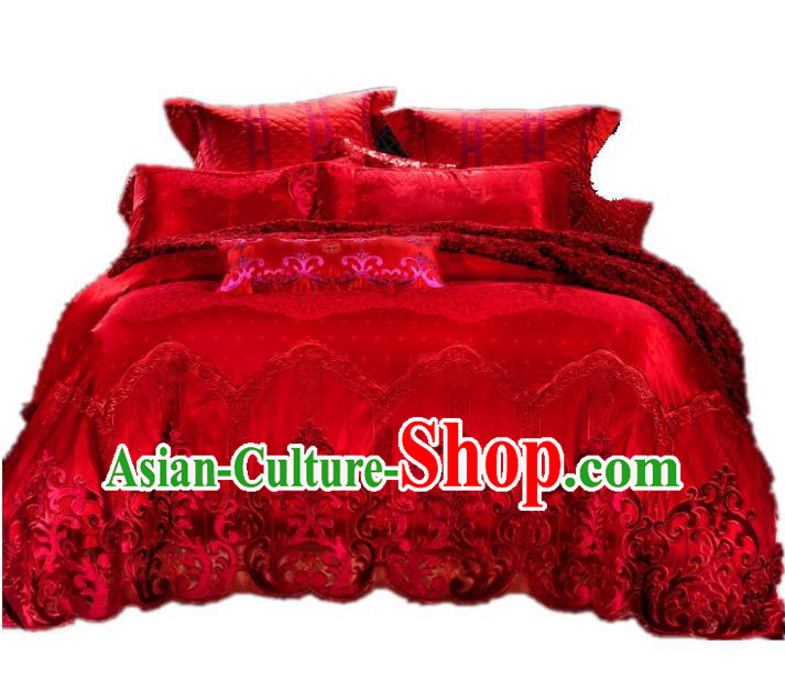 Traditional Chinese Wedding Red Lace Satin Embroidered Four-piece Bedclothes Duvet Cover Textile Qulit Cover Bedding Sheet Complete Set
