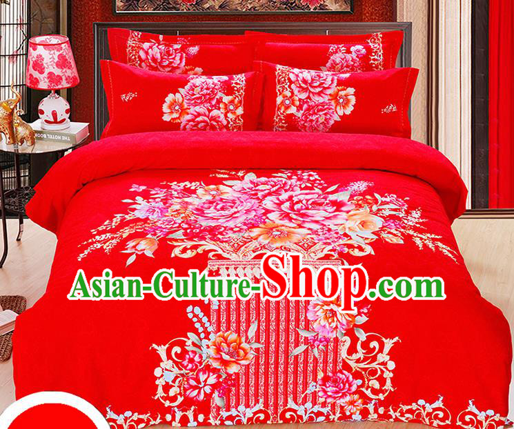 Traditional Chinese Wedding Printing Peony Red Four-piece Bedclothes Duvet Cover Textile Qulit Cover Bedding Sheet Complete Set