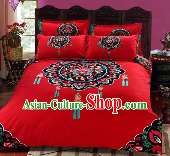Traditional Chinese Wedding Printing Peony Red Four-piece Bedclothes Duvet Cover Textile Qulit Cover Bedding Sheet Complete Set