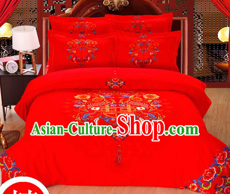 Traditional Chinese Wedding Printing Mandarin Duck Red Four-piece Bedclothes Duvet Cover Textile Qulit Cover Bedding Sheet Complete Set