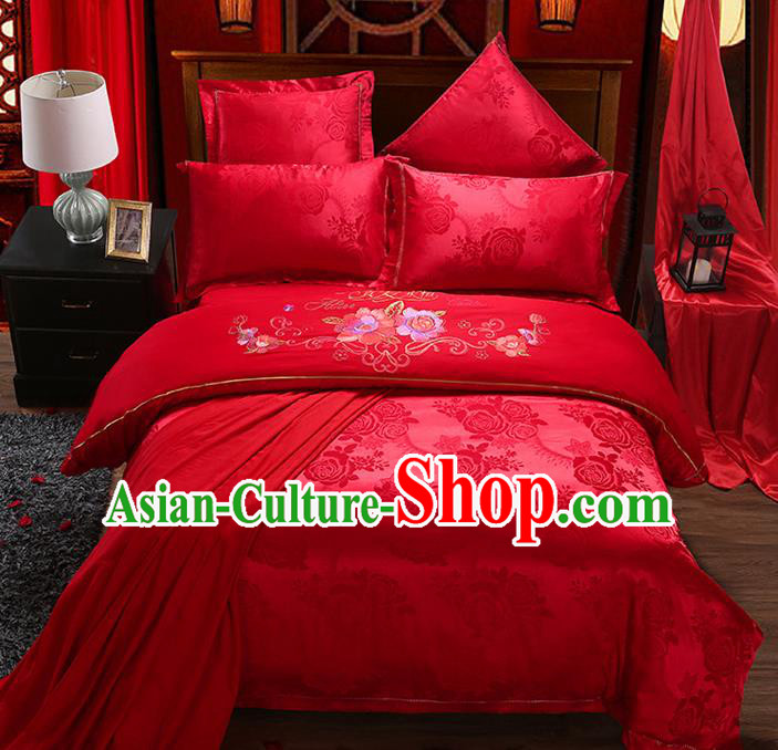 Traditional Chinese Wedding Embroidered Rose Red Satin Six-piece Bedclothes Duvet Cover Textile Qulit Cover Bedding Sheet Complete Set