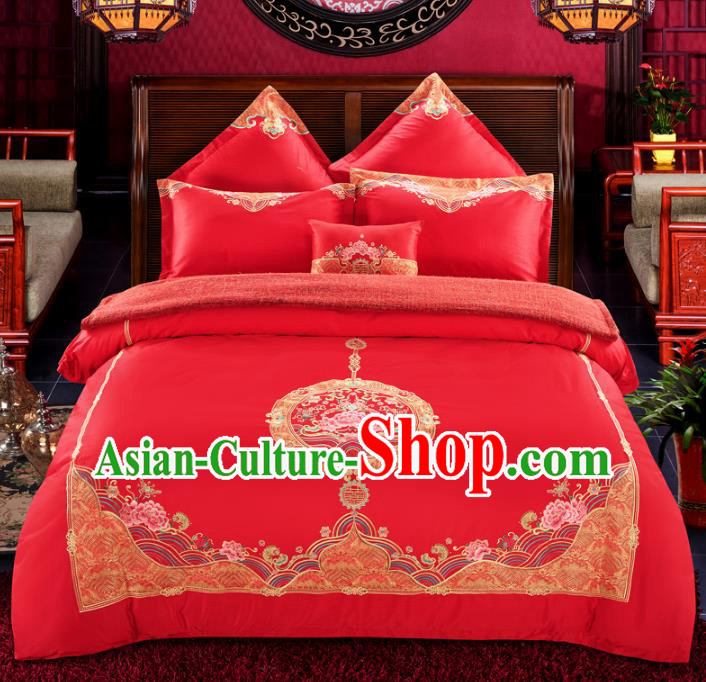 Traditional Chinese Wedding Embroidered Peony Red Satin Seven-piece Bedclothes Duvet Cover Textile Qulit Cover Bedding Sheet Complete Set