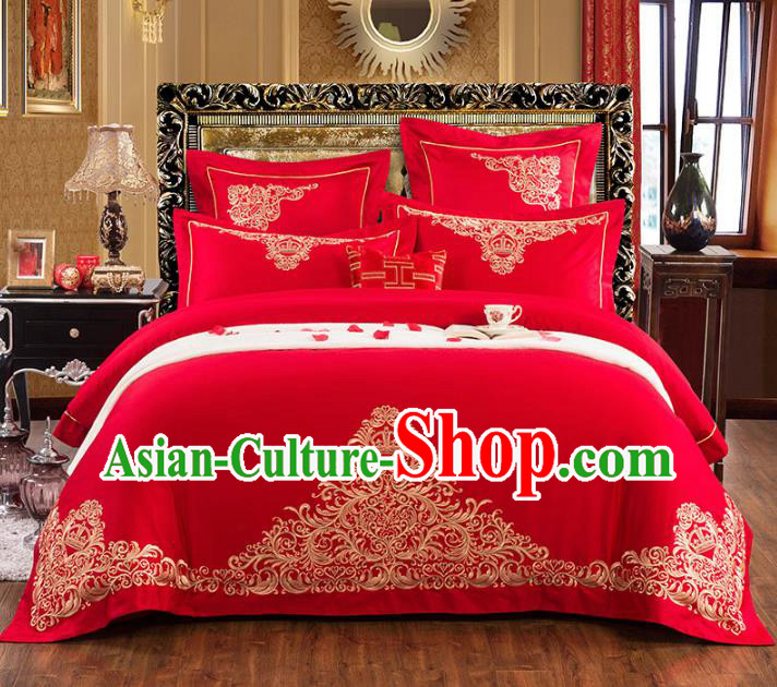 Traditional Chinese Wedding Embroidered Red Eight-piece Bedclothes Duvet Cover Textile Qulit Cover Bedding Sheet Complete Set