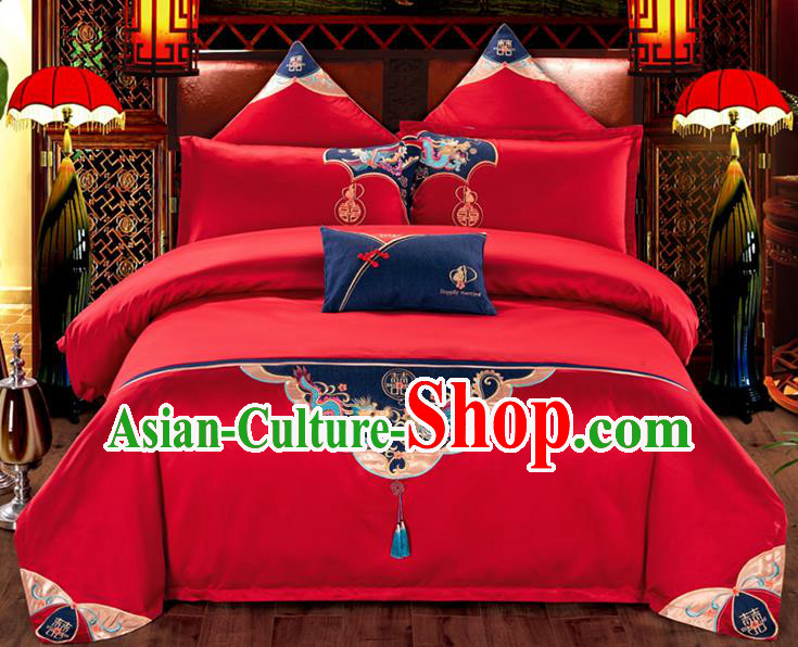 Traditional Chinese Wedding Embroidered Red Seven-piece Bedclothes Duvet Cover Textile Qulit Cover Bedding Sheet Complete Set