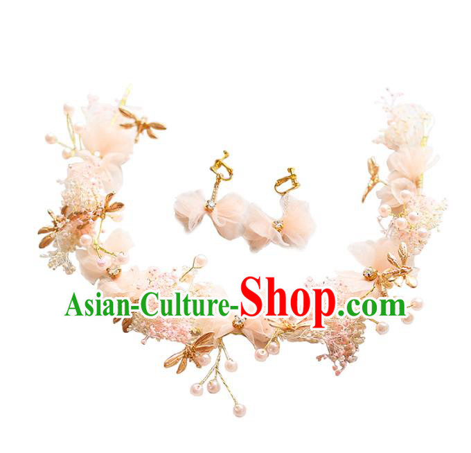 Chinese Traditional Bride Hair Jewelry Accessories Wedding Dragonfly Pink Flowers Hair Clasp and Earrings for Women
