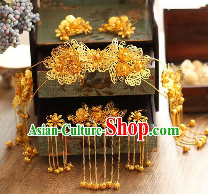 Chinese Traditional Bride Hair Jewelry Accessories Xiuhe Suit Hairpins Headwear Wedding Golden Butterfly Phoenix Coronet for Women