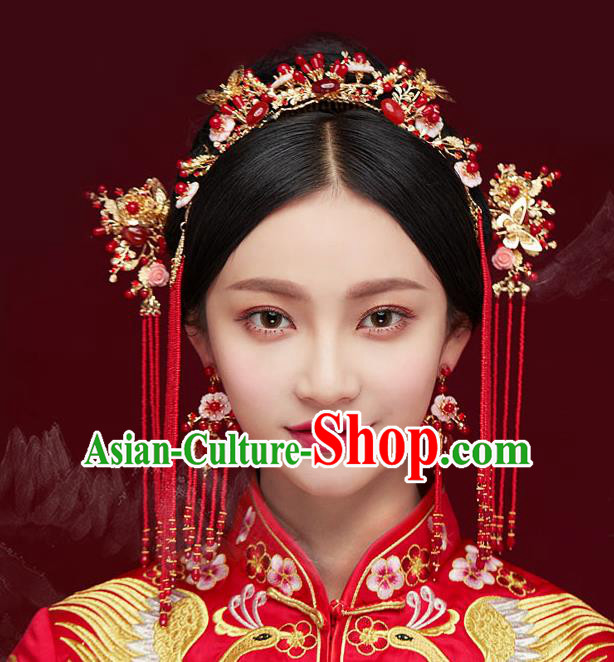 Chinese Traditional Bride Hair Jewelry Accessories Palace Xiuhe Suit Red Beads Phoenix Coronet Wedding Tassel Headwear for Women