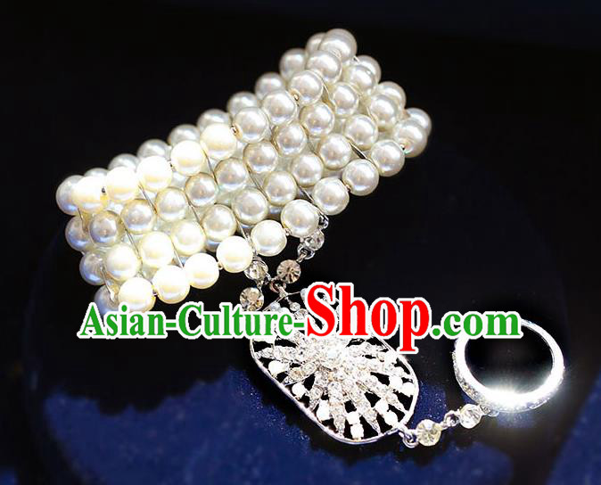 Chinese Traditional Bride Jewelry Accessories Baroque Princess Pearls Bracelets with Rings for Women