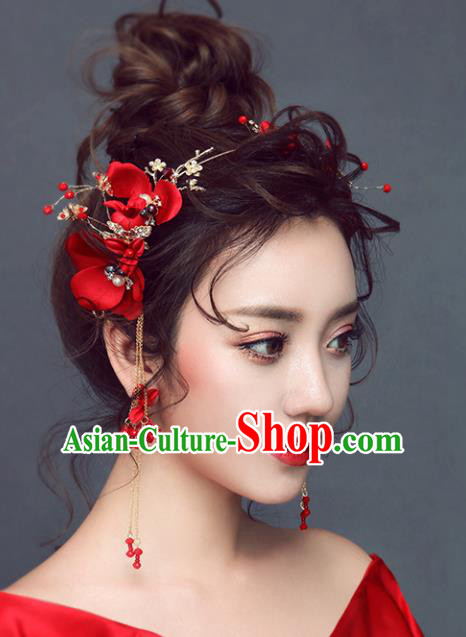 Chinese Traditional Bride Hair Jewelry Accessories Wedding Xiuhe Suit Red Flowers Hair Clasp and Earrings for Women