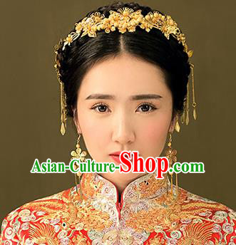 Chinese Traditional Bride Hair Jewelry Accessories Palace Xiuhe Suit Golden Hairpins Wedding Tassel Headwear for Women