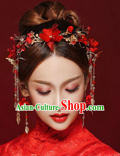 Chinese Traditional Bride Hair Jewelry Accessories Palace Xiuhe Suit Red Flowers Hairpins Wedding Tassel Phoenix Coronet for Women