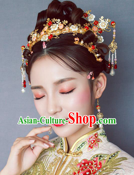 Chinese Traditional Bride Hair Jewelry Accessories Palace Xiuhe Suit Flowers Hairpins Wedding Tassel Phoenix Coronet for Women