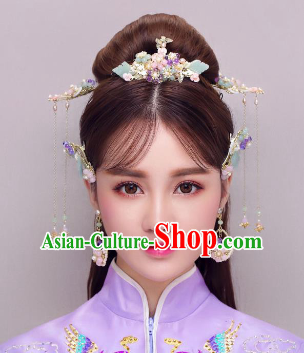 Chinese Traditional Bride Hair Jewelry Accessories Palace Xiuhe Suit Jade Phoenix Coronet Wedding Tassel Headwear for Women