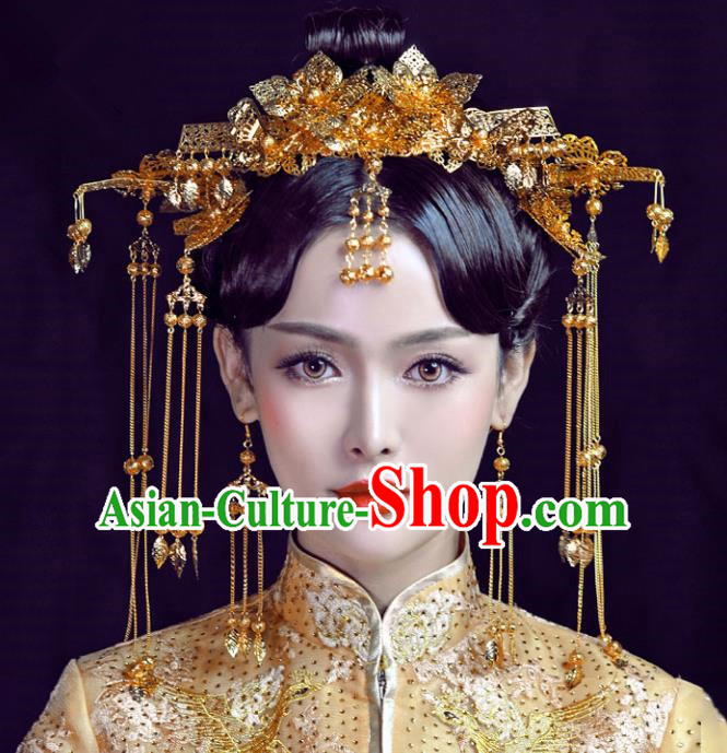 Chinese Traditional Bride Hair Jewelry Accessories Palace Xiuhe Suit Tassel Golden Phoenix Coronet Wedding Hairpins for Women