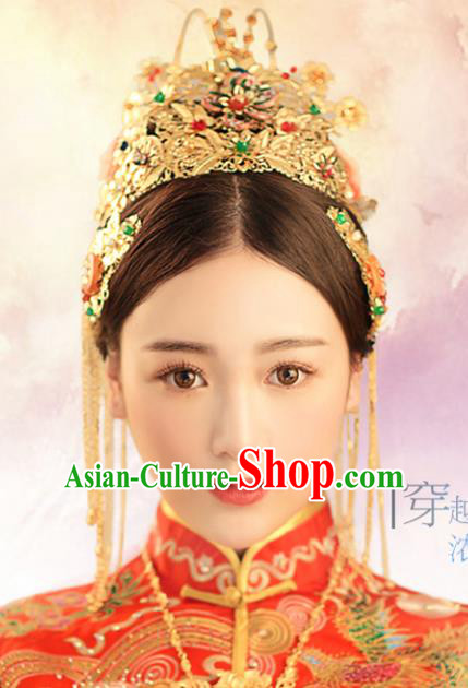 Chinese Traditional Bride Hair Jewelry Accessories Palace Xiuhe Suit Phoenix Coronet Hairpins Wedding Tassel Headwear for Women