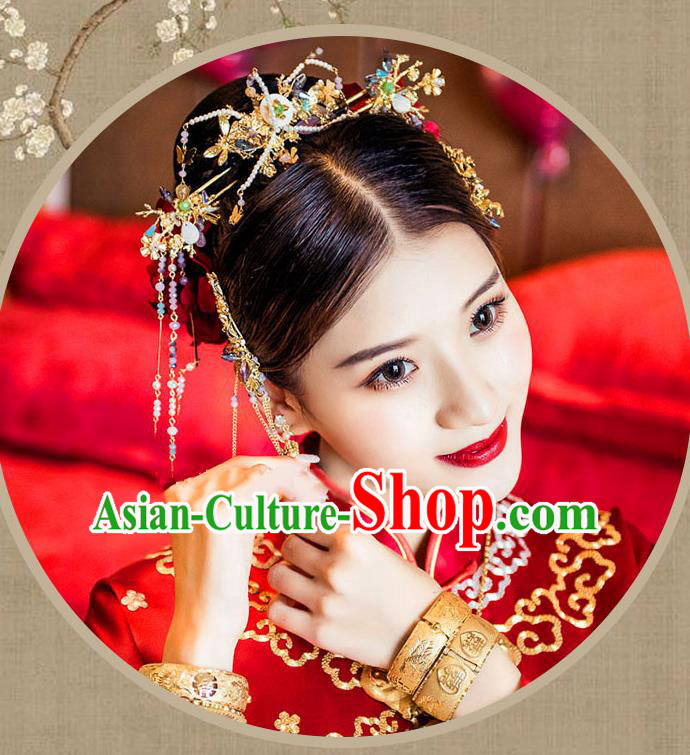 Chinese Traditional Bride Hair Jewelry Accessories Palace Xiuhe Suit Hairpins Wedding Tassel Headwear for Women